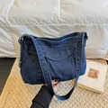 Retro dunkelblaue Denim-Tragetasche mit SUBELETING-Stickerei und breitem Schultergurt - Dunkelblau