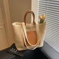 Beige hollow-out woven tote bag with brown leather handles and interior fabric lining - Off White