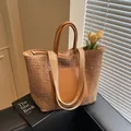 Large capacity straw woven tote bag with brown leather handles and decorative front pocket - Khaki
