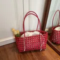Sac de plage tissé rouge avec pochette intérieure blanche à cordon et anses fines - Avec doublure / Bordeaux