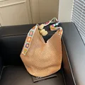 Hollow crochet shoulder bag in khaki with colorful floral granny square straps - Khaki Without Lining