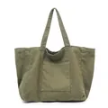 Bolso tote grande de lona verde oliva con bolsillo frontal y asas dobles para el diario - Verde