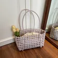 Lavender hollow woven beach tote bag with cream drawstring liner and thin handles - Taro