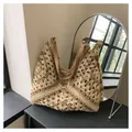 Handmade hollow woven straw beach bag in beige and camel with brown PU straps - Beige and Brown