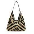 Handwoven straw tote bag featuring a black and beige geometric cutout pattern - Black & White