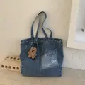 Vintage blue striped denim tote bag with front pocket and cute brown bear pendant - With Pendant / Blue