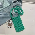 Mini bolso de ganchillo verde con correa de perlas y colgante de dibujos animados - Con Colgante / Verde