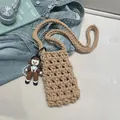 Handmade crochet mini crossbody bag in light khaki with cute girl charm and long strap - Without Pendant / Khaki