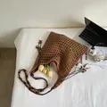 Dark brown hollow crochet tote bag with wooden bead straps for summer beach vacation - Khaki Without Lining