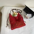Red crochet mesh tote bag with wooden bead shoulder strap and hollow knit design - Red Without Lining