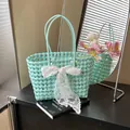 Mint green hollow woven tote bag with white lace bow for summer beach vacation - With Silk Scarf / Green