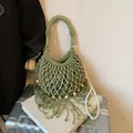 Green bohemian woven handbag with long tassels and white pearl shoulder strap - With Pearl Chain / Green