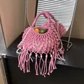 Pink bohemian macrame woven crossbody bag with long tassels and pearl accents - With Pearl Chain / Pink