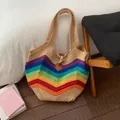 Rainbow striped knit tote bag with khaki handles and wooden toggle closure for beach - Khaki