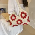 Handmade crochet tote bag with red 3D floral accents on cream woven shoulder strap - Red Sunflower Style / Beige