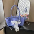 Sac de plage tressé violet avec nœud en dentelle blanche et doubles poignées - Sac Seul / Violet