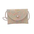 Borsa a tracolla in paglia intrecciata con cuciture colorate e bottone di perla - Bianco Multicolore