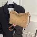 Khaki woven crossbody bag with crochet floral pattern and dark beads detail - Khaki