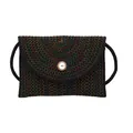 Borsa a tracolla a busta in paglia intrecciata nera con bottone a perla e cuciture colorate - Nero Arcobaleno