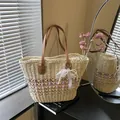 Beige straw tote bag with pink geometric weave, leather handles and pearl bow charm - With Pendant / Pink