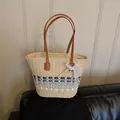 Handwoven straw tote bag with blue gradient base and brown leather handles - With Pendant / Blue