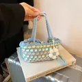 Handmade light blue crochet tulip bag with pearl buckle and shoulder strap - Blue Small