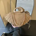 Khaki woven shell handbag with natural wooden handles and vintage crochet texture - Khaki