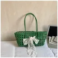 Sac à main tissé vert ajouré avec nœud en dentelle blanche pour les vacances d'été - Vert clair