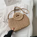 Light brown woven straw tote bag with round handles and adjustable shoulder strap - Khaki