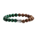8mm Tiger Eye stone bead bracelet with wooden beads and silver Buddha head on white background - Silver Buddha Head Style / Dark Green Beads & Wood Beads