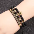 Three-piece set of black matte stone bracelets with gold crown and micro-pave cz accents - Crown and Matte Beaded Bracelet Combination (Style 2) / Gold