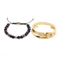 Ensemble bracelet en perles d'oeil de tigre et jonc doré en acier inoxydable à boucle - Combinaison de Joncs et Bracelet en Perles