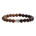 Macro shot of 8mm tiger eye stone beads and silver Buddha head on a beaded bracelet - Red Tiger Eye & Wood Beads