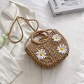 Sac en paille fait main avec marguerites et cordon de serrage pour vacances d'été - Kaki