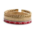 Three-piece stainless steel bracelet set with Roman numerals and twisted cuff design - Red Roman Numeral Gold Combination