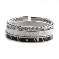 Detailed shot of three-piece stainless steel bracelets with Roman numerals and braided texture - Black Roman Numeral Silver Combination