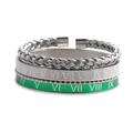 Detail view of Roman numeral engraved bangles and twisted steel cuff bracelet set - Green Roman Numeral Silver Combination
