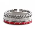 Detailed stack of silver cable rope, engraved Roman numeral and red enamel bangles - Red Roman Numeral Silver Combination