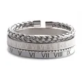 Three-piece stainless steel bracelet set with Roman numerals and twisted cable design - White Roman Numeral Silver Combination