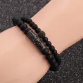 Detail view of men's matte black beaded bracelets featuring a metal tube and pave ball charm - Gunmetal