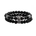 Set de pulseras para hombre con cuentas de piedra negra y un dije de corona plateada - Set 2