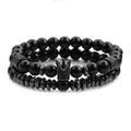 Ensemble de deux bracelets pour hommes en perles noires de 8mm avec pendentif couronne - Noir de Fusil (Bracelets Couronne Noir de Fusil)