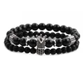 Juego de dos pulseras de cuentas negras para hombre con corona de plata y dije de columna - Set 3