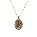 Detailed macro view of gold plated Virgin Mary pendant necklace with colorful zirconia - Mariana Goddess 4 Box Chain