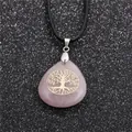 Pendentif goutte arbre de vie en quartz rose avec cordon noir pour femme - Pendentif Quartz Rose avec Cordon