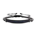 Macro view of adjustable woven bracelet with blue zircon inlay on black metal bar - Black Blue Zirconia Curved Bar