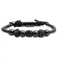 Detail of adjustable black beaded bracelet featuring three blue zircon square charms - Black Blue Zircon Triple Round