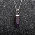 Detail of a purple hexagonal prism crystal pendant on a silver metal chain necklace - Purple Crystal