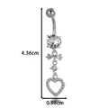 Silver stainless steel belly button ring with heart and bow zirconia pendants - Bow Heart Full Pave Style (2654-6) / Silver