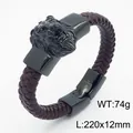 Bracelet pour homme en cuir tressé bordeaux avec tête de lion noire et fermoir en acier - Tête de lion noire (KB163664-JX)